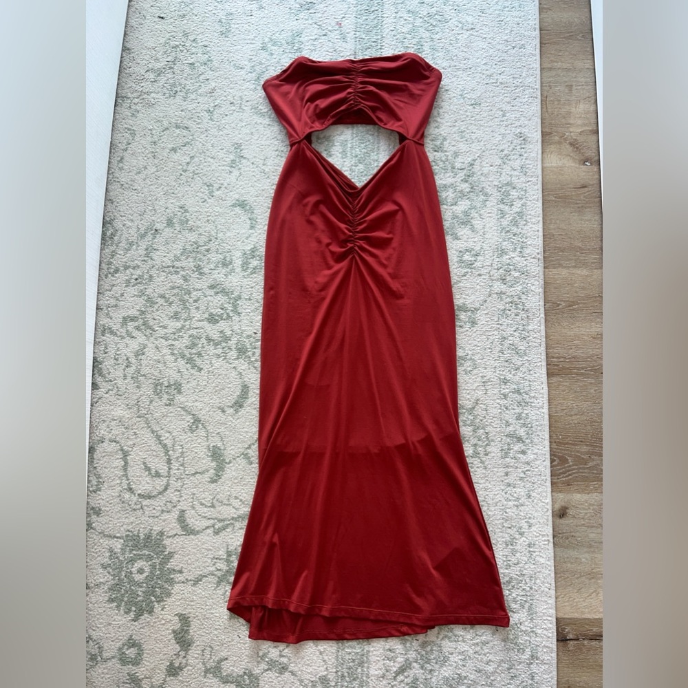 Burnt Orange Strapless Ruched Cut Out Maxi Dress
